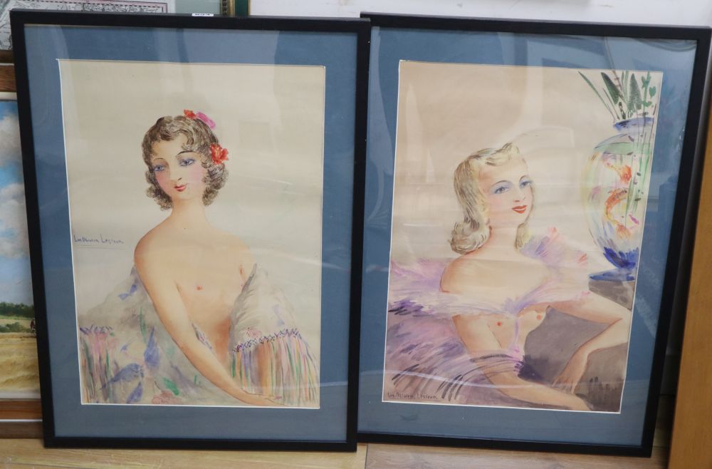 L. Olivier Lesieur, pair of watercolours, Portraits of scantilly clad young ladies, signed, 58 x 40cm